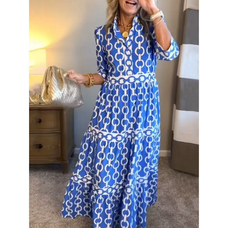 Dames Lange Jurk – V-hals – Geometrische Print – A-lijn – Gelaagd – 3/4 Mouw