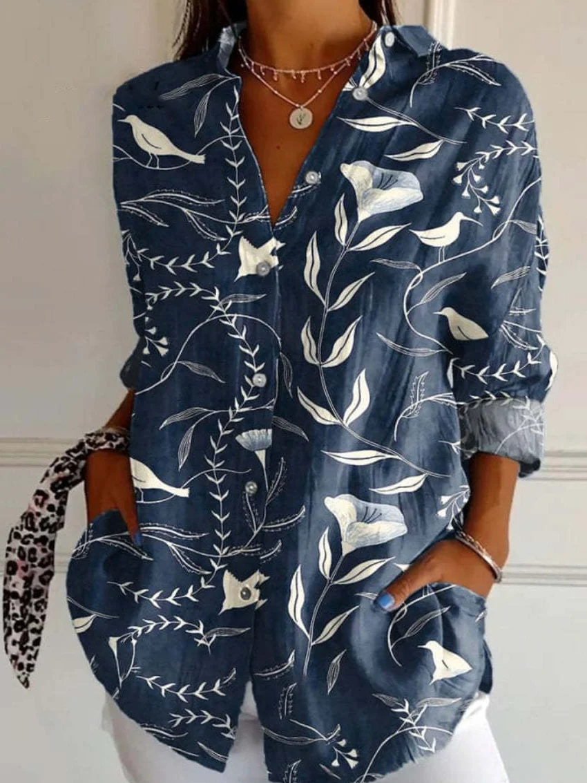 Dam Blus – Avslappnad Passform – Andningsbart Material – Långa Ärmar – Knäppning Casual