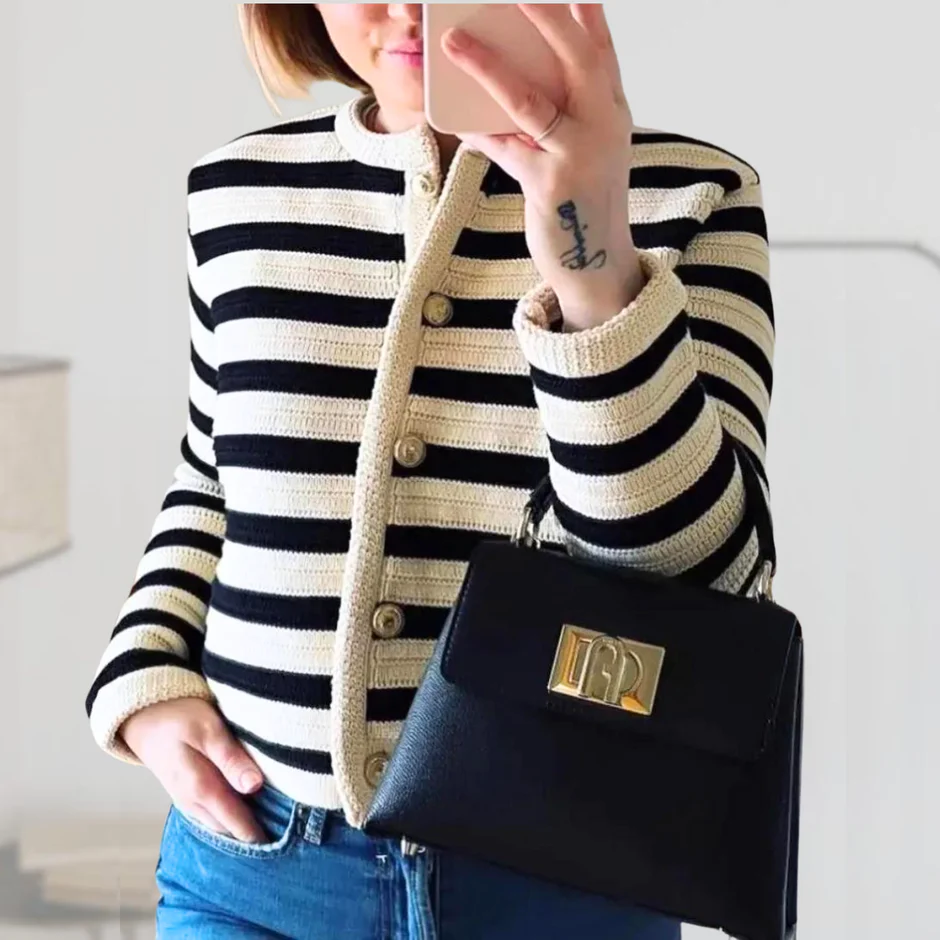 Dames Cardigan - Gebreid - Relaxte Pasvorm - Crewneck - Gestreept