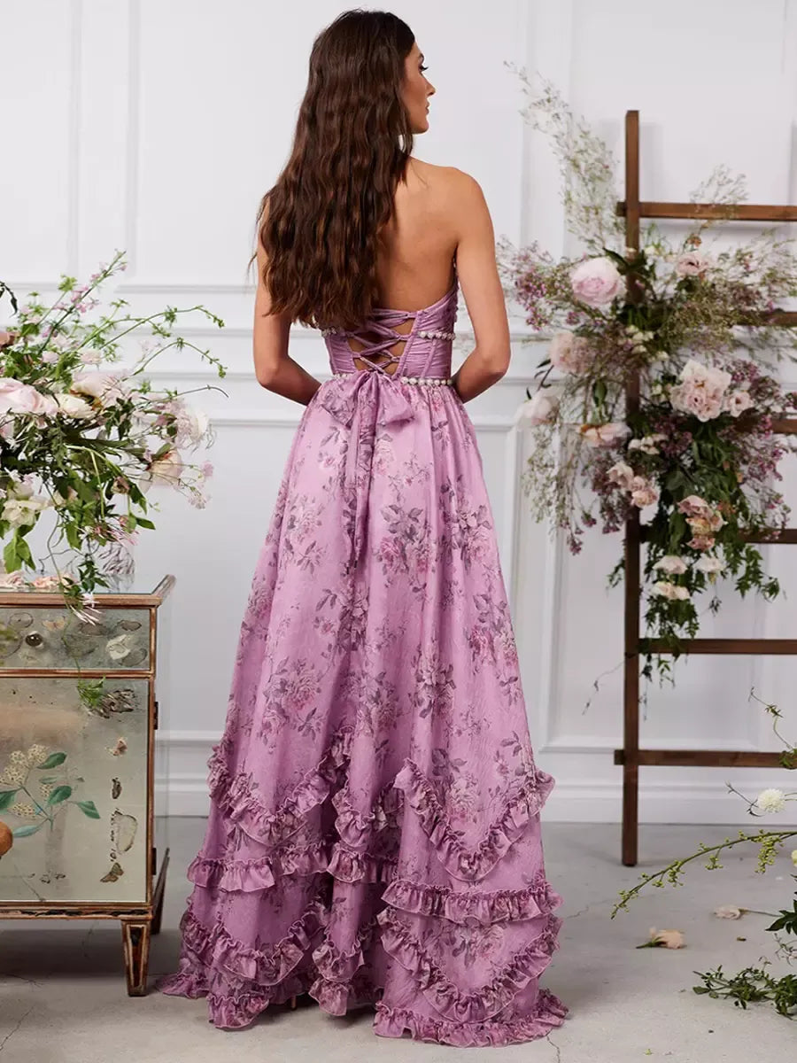 Dames Maxi Jurk – Halternek – A-Lijn Pasvorm – Bloemenprint – Kralen Taille – Luxe Stof
