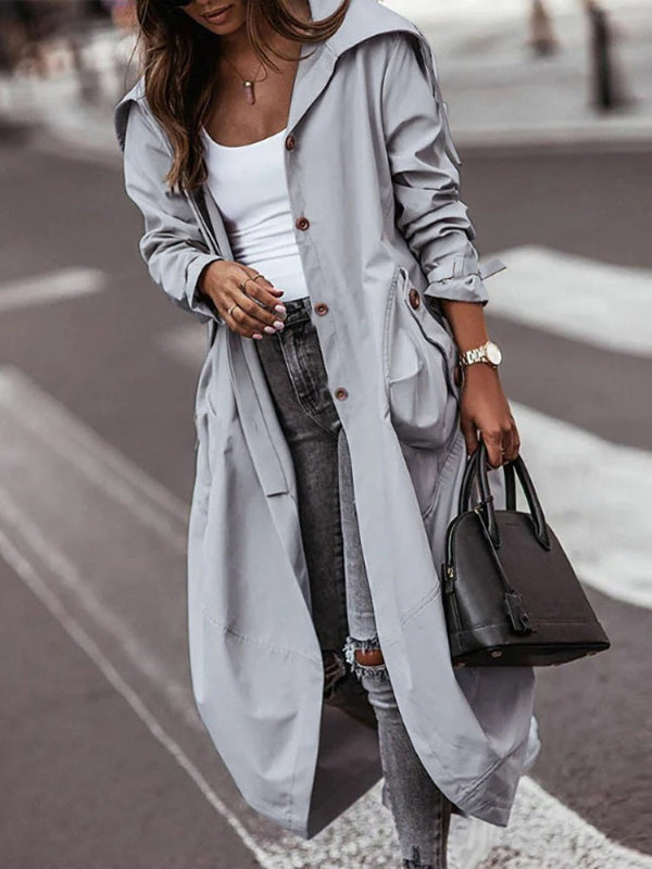 Dames trenchcoat – Oversized pasvorm – Volledig lang – Capuchon en utility zakken