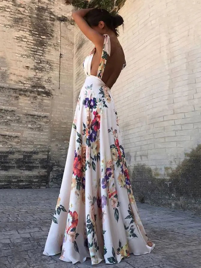 Dames Maxi Jurk – Flowy Pasvorm – V-Hals – Open Rug – Bloemenprint – Boho Stijl