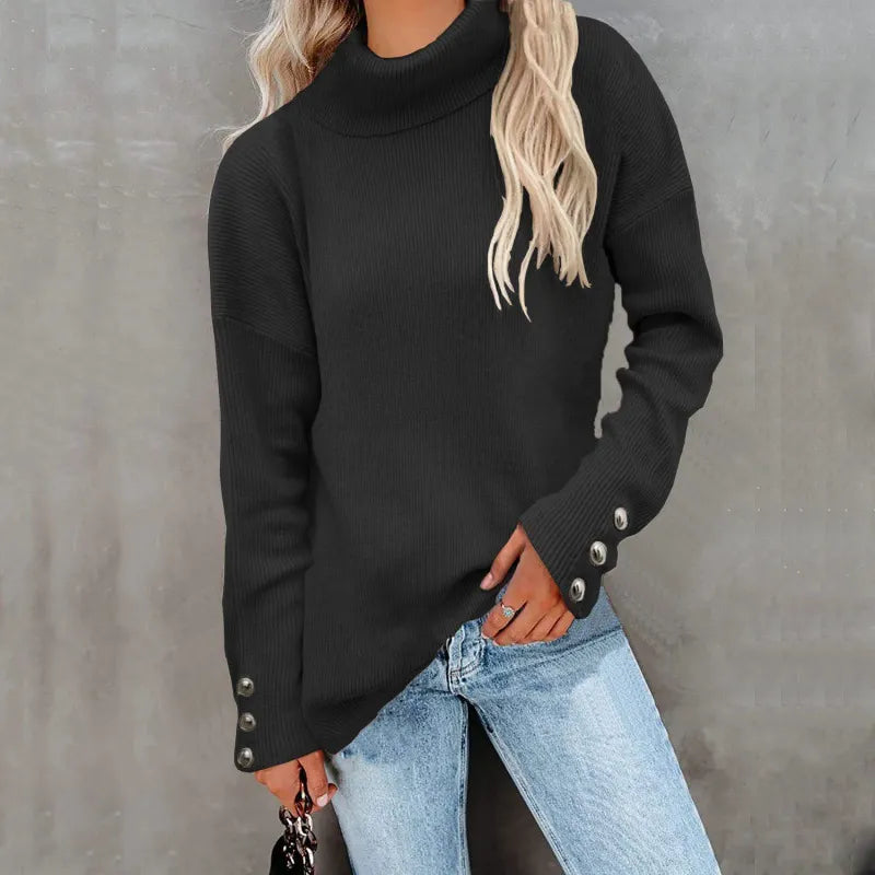 Dames trui met col – Oversized pasvorm – Ribbelbreisel – Lange mouw met knopen