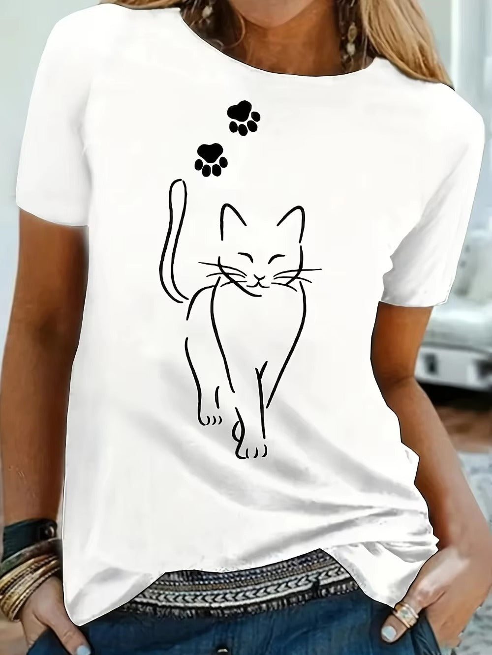 Dames T-shirt – Relaxed Fit – Katoenmix – Korte Mouw – Kattenprint Voorzijde