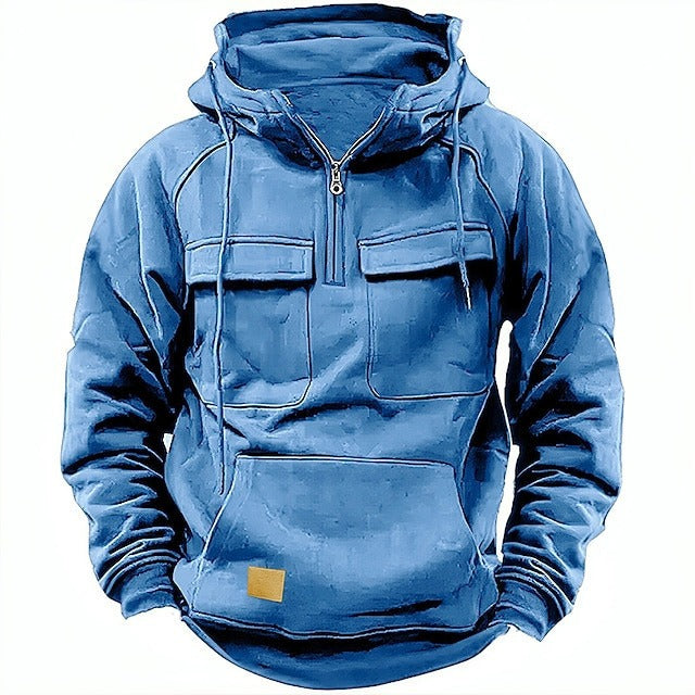 Heren Hoodie – Relaxed Fit – Half Zip – Borstzakken – Zachte Cotton Fleece