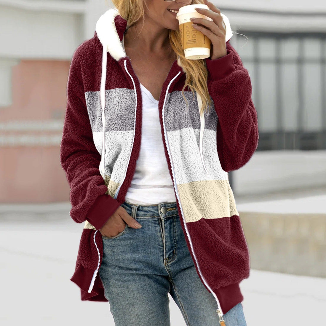 Dames Hoodie Jas – Sherpa Fleece – Relaxed Fit – Met Capuchon en Rits