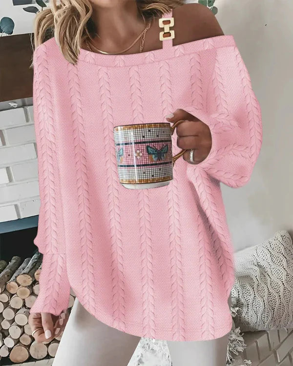 Damtröja – Oversized passform – Fuzzy textur – V-ringning med pärldetalj