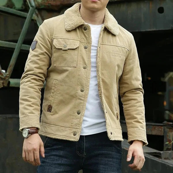 Herenjas – Regular Fit – Sherpa Voering – Canvas Look – Casual Knoopsluiting