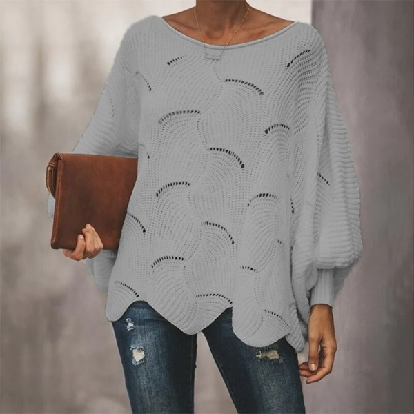Dames Trui – Relaxed Fit – Batwing Mouwen – Opengebreid – Wolblend – Scallop Zoom