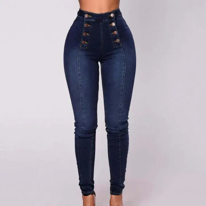 Dames Jeans - Denim Stretch - Hoge Taille - Skinny - Enkel Lengte - Multi-Knoopsluiting
