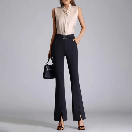 Dames Broek - Geweven Stof - Hoge Taille - Wijde Pijpen - Geïntegreerde Riem
