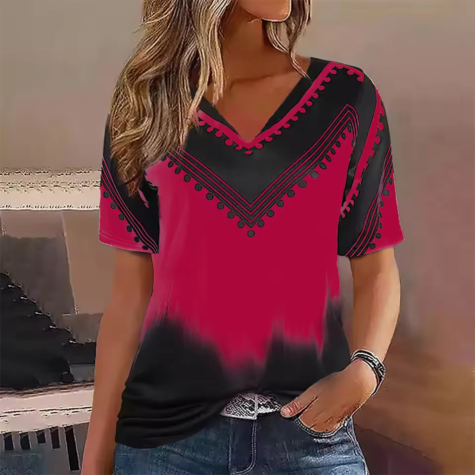 Dames T-shirt – Oversized Fit – V-hals – Ademend Katoen – Gestreept Design