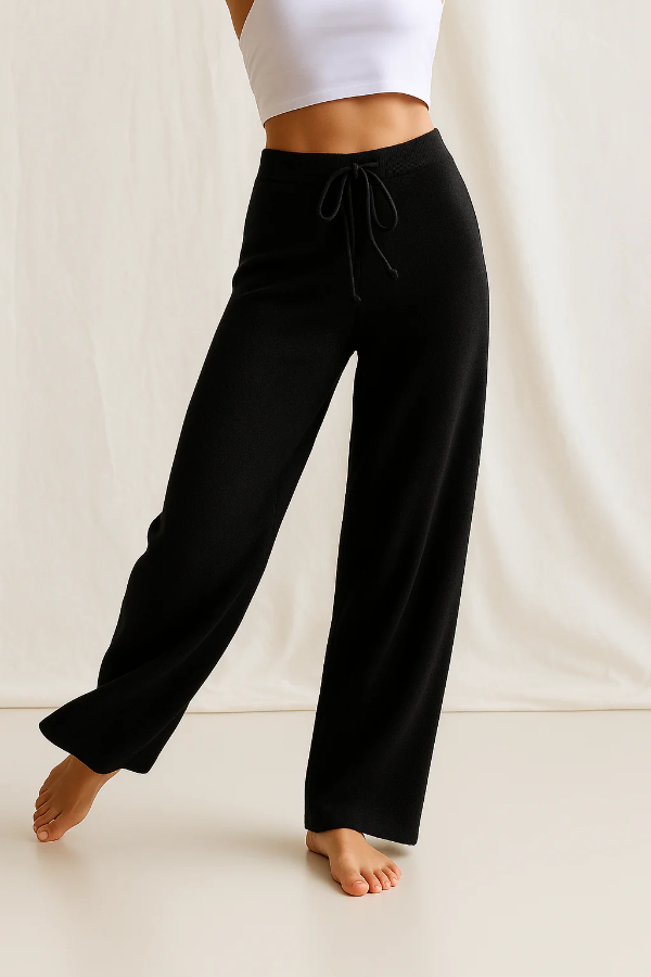 Dames Broek - Fijn Gebreide Stof - Relaxed Fit - Wijde Pijp - Elastische Tailleband