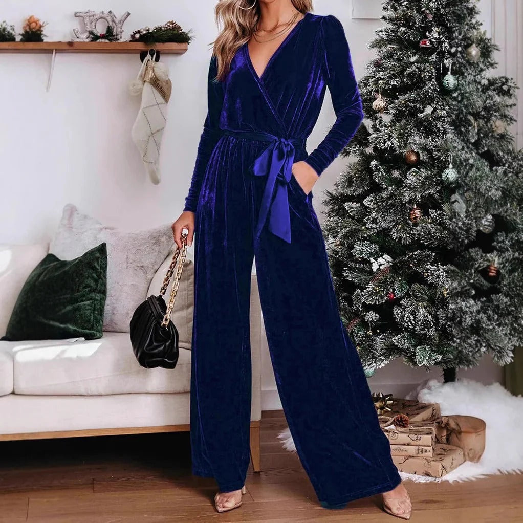 Dam Jumpsuit – Sammet – Figursydd Passform – V-Ringning – Långa Ärmar – Vida Ben