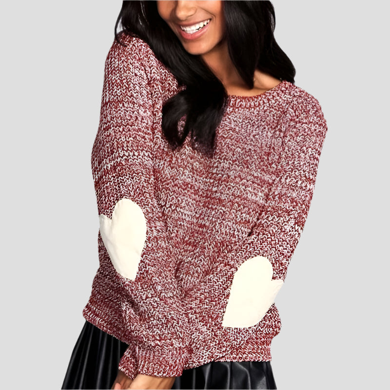Dames Gebreide Trui – Relaxte Pasvorm – Grove Wolmix – Hart Elleboogpatch – Drop Shoulder
