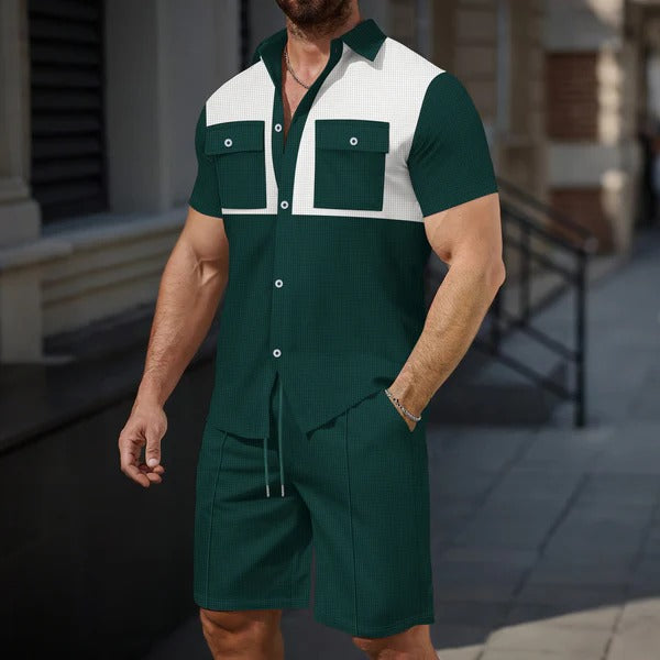 Herrskjorta med korta ärmar – Regular passform – Bomullskänsla – Bröstfickor – Kontrastdetalj