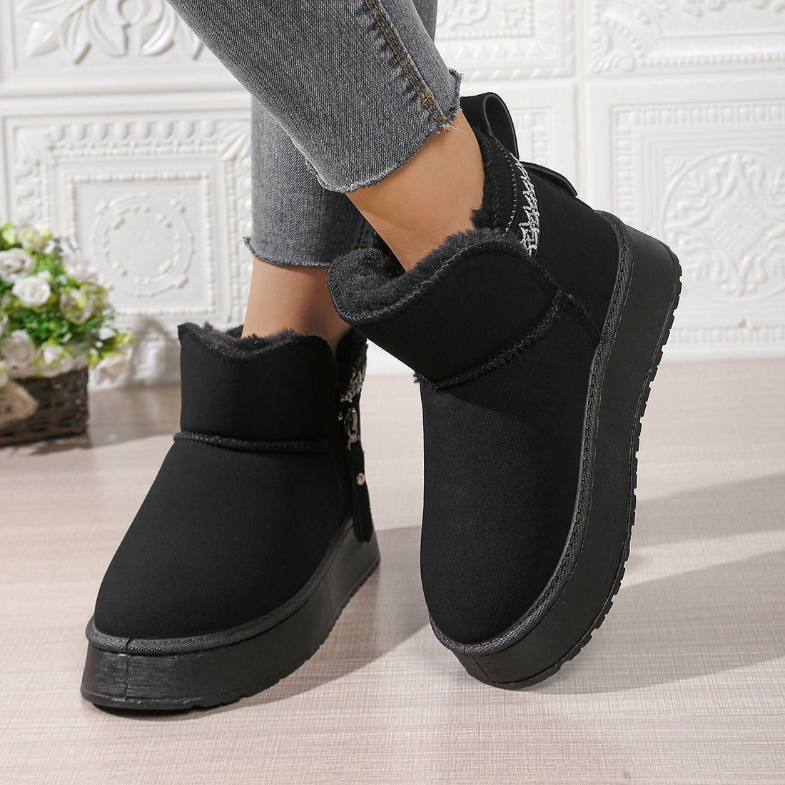 Damer Vinterstövlar – Tjock Sula – Plysch Foder – Ankelstövel – Dragkedja – Instegsmodell