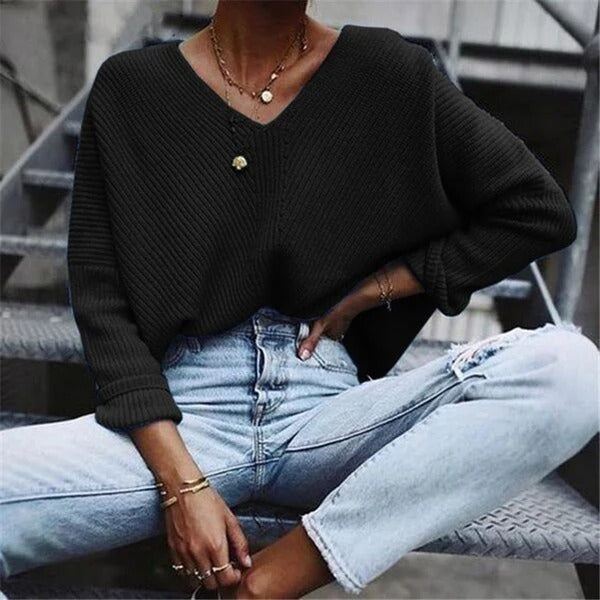 Dames Trui – Oversized Pasvorm – Ribgebreid – V-Hals – Wijde Mouwen – Wolblend