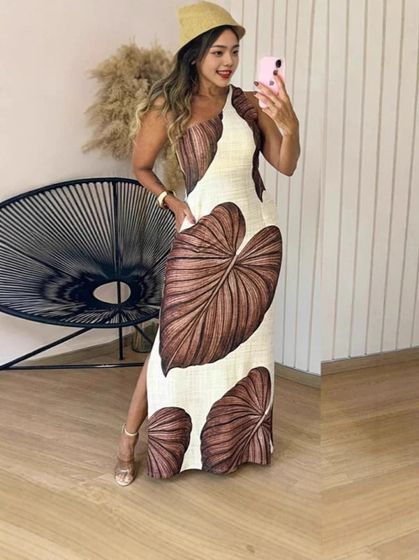 Dames maxi jurk – Slim fit – Hoge hals – Mouwloos – Bladprint – Zijslit