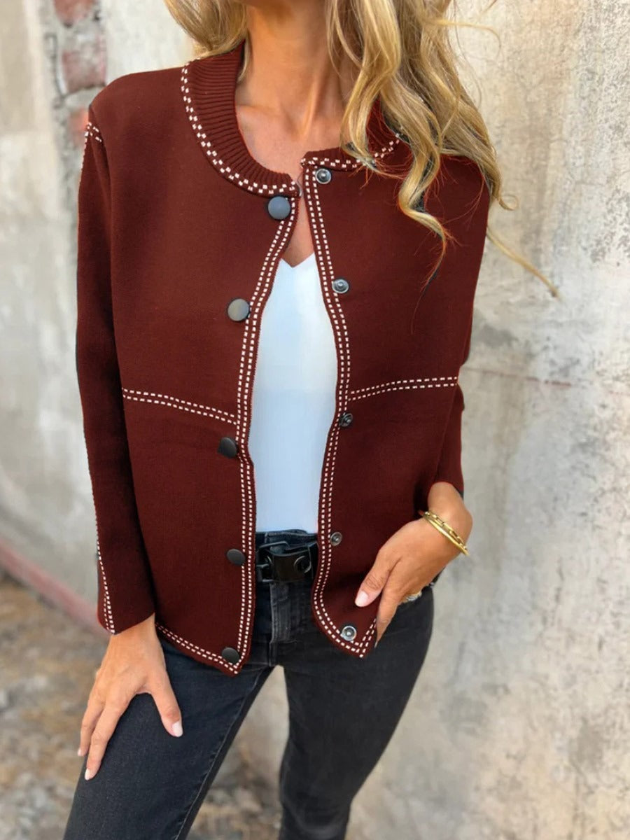 Dames Jas - Fijngebreide Stof - Recht Model - Ronde Hals - Taille Lengte