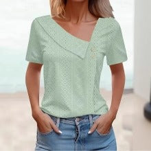 Dames Top – Getailleerd Model – Asymmetrische Halslijn – Ademend Katoenlook Oogjeontwerp