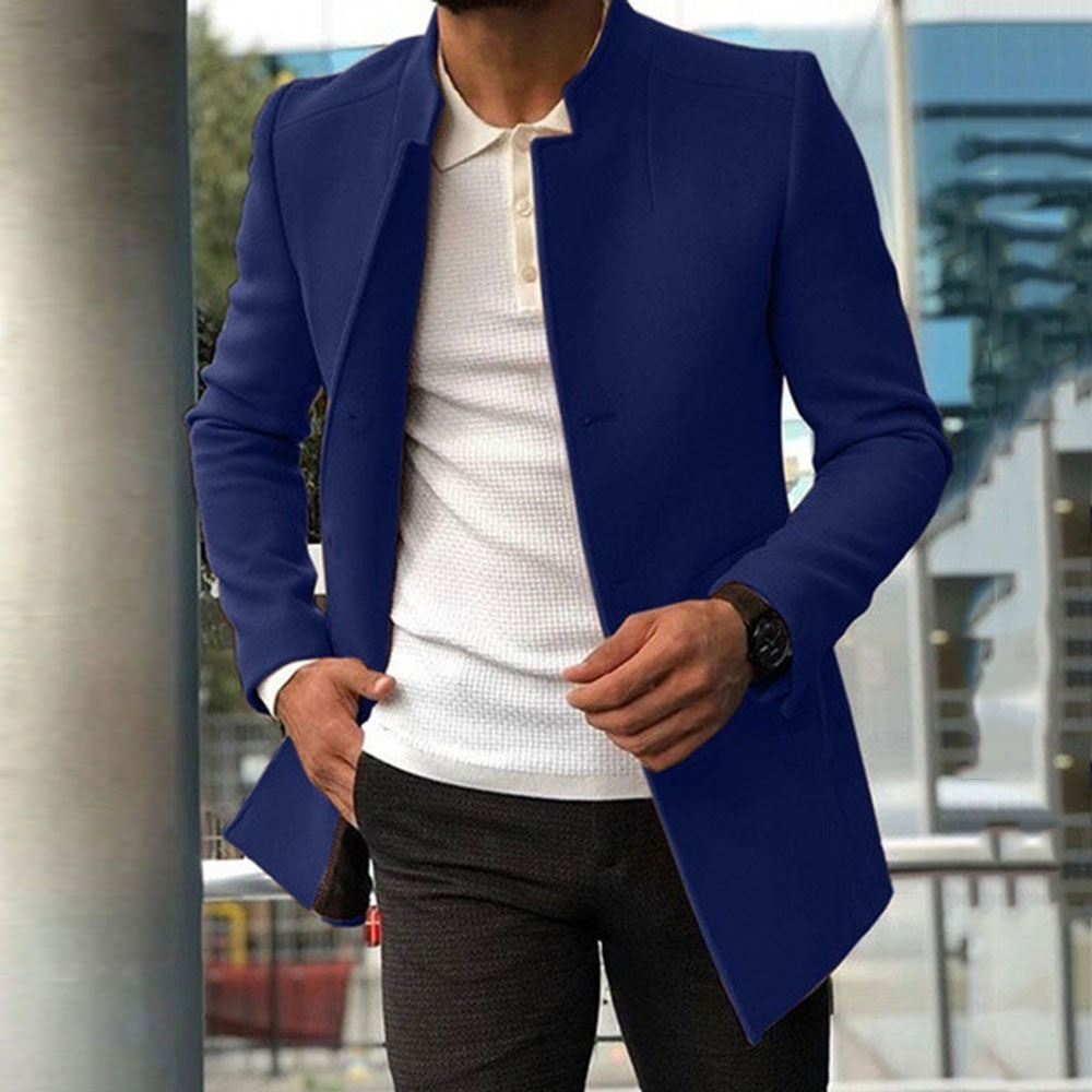 Heren Wolmantel – Slim Fit – Mandarin Kraag – Halflang – Gestructureerd Design