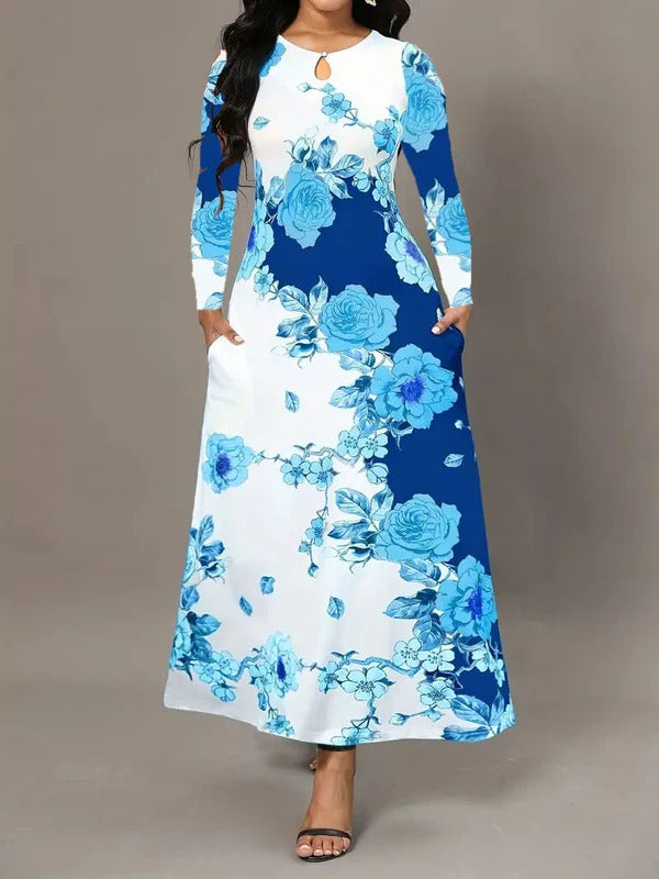 Dames Maxi Jurk – A-lijn Pasvorm – Bloemenprint – Lange Mouwen – Keyhole Halslijn