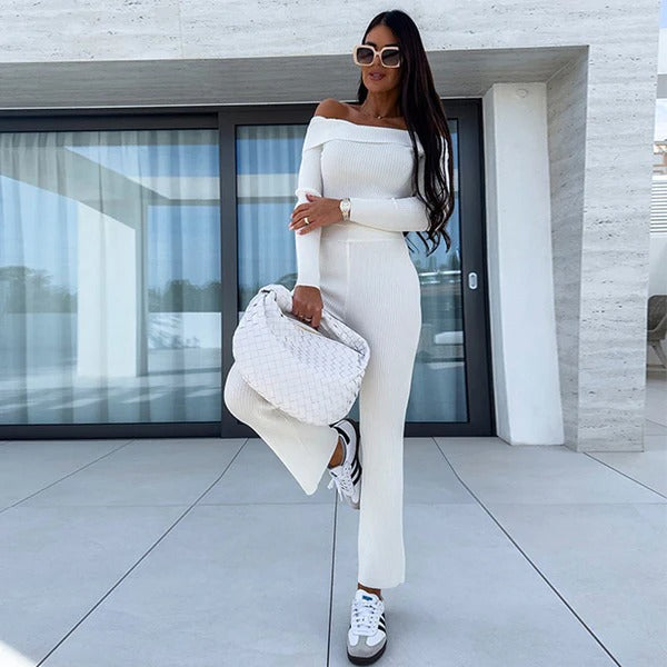 Dam Jumpsuit – Slim Fit – Off-Shoulder – Stickad – Utsvängda Ben – Full Längd