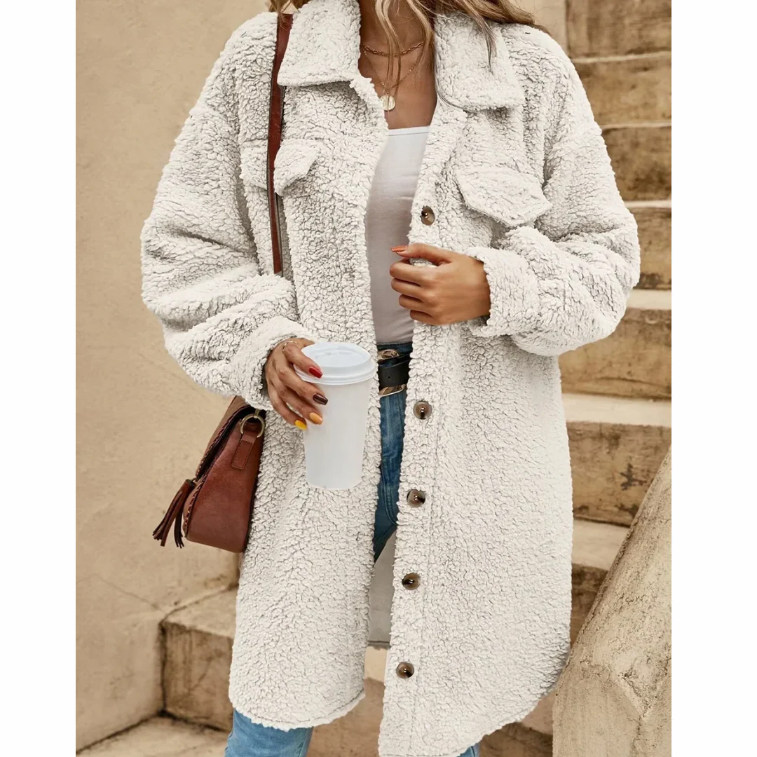 Dames Jas - Pluche - Oversized Relaxte Pasvorm - Halflang - Kraag Met Punt