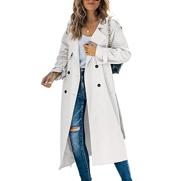 Dames trenchcoat – Relaxed fit – Katoenmix – Dubbelrijig – Lange lengte – Epauletten
