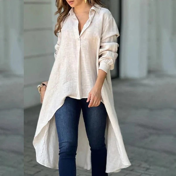 Dam Blus – Avslappnad Passform – Långa Ärmar – High-Low Fåll – Bomullsblandning