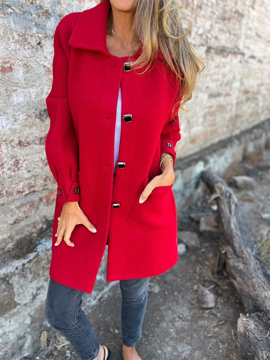 Dames Wool Mantel – Rechte Pasvorm – Gesp Sluiting – Middellang – Klassiek Casual