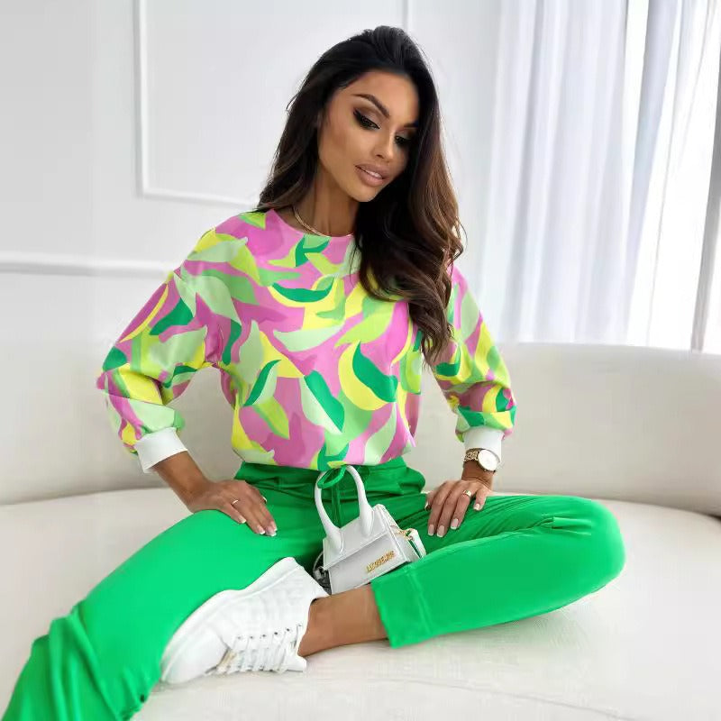 Dames Top met Lange Mouwen – Relaxte Pasvorm – Katoenmix – Abstracte Print – Ronde Hals