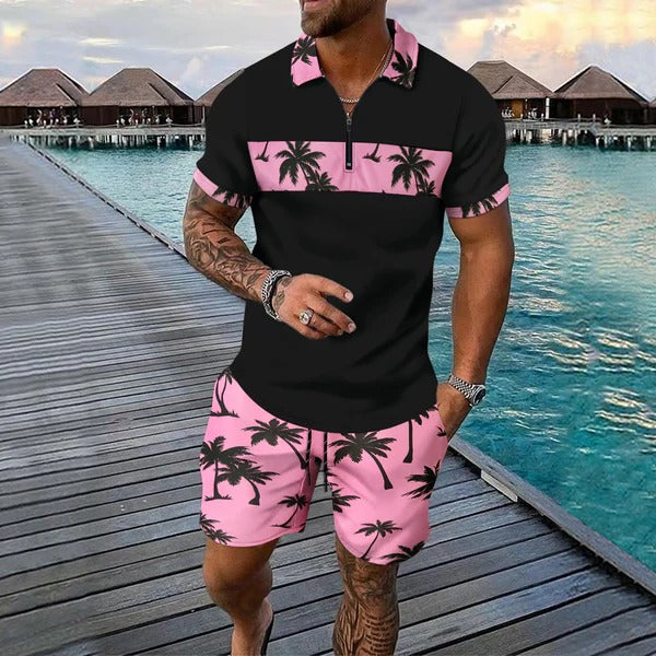 Heren Set – Slim Fit Zippolo en Shorts – Ademend – Tropische Print – Casual