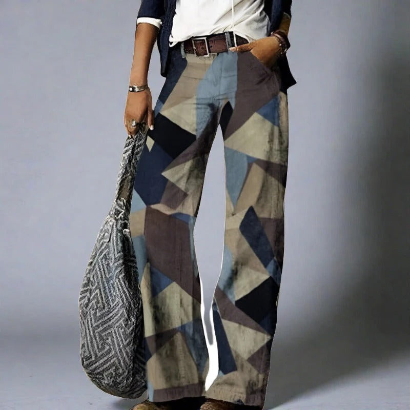 Dames Broek - Denim - Hoge Taille - Wijde Pijp - Botanische Print