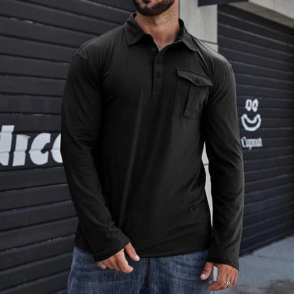Heren Henley Polo – Slim Fit – Katoen Tricot – Lange Mouw – Borstzak – Staande Kraag