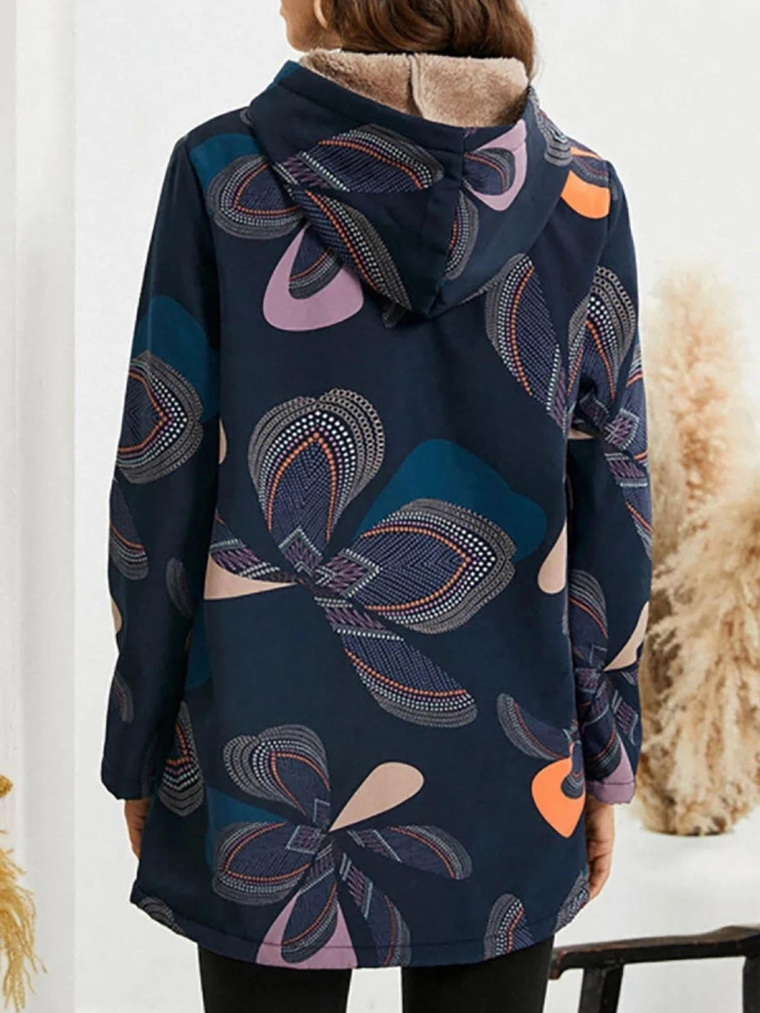 Dames Hooded Jas – Fleece Binnenvoering – Relaxed Fit – Hip Lengte – Geprint Design