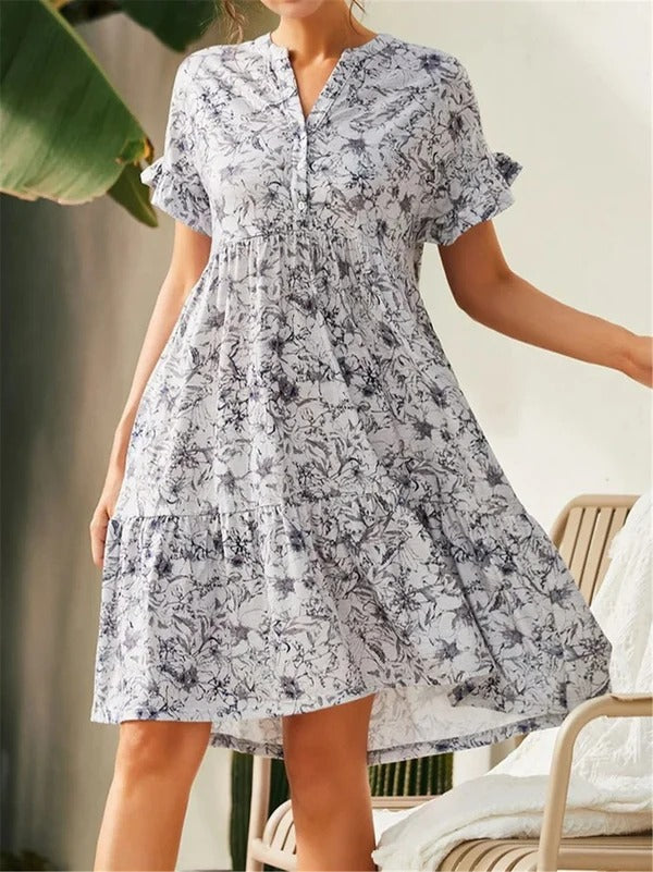 Dames A-lijn jurk – Ademend materiaal – Bloemenprint – V-hals – Ruchesmouwen