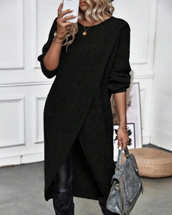 Dames Lange Pullover – Oversized Pasvorm – Gebreide Wol – Asymmetrisch Wrapontwerp