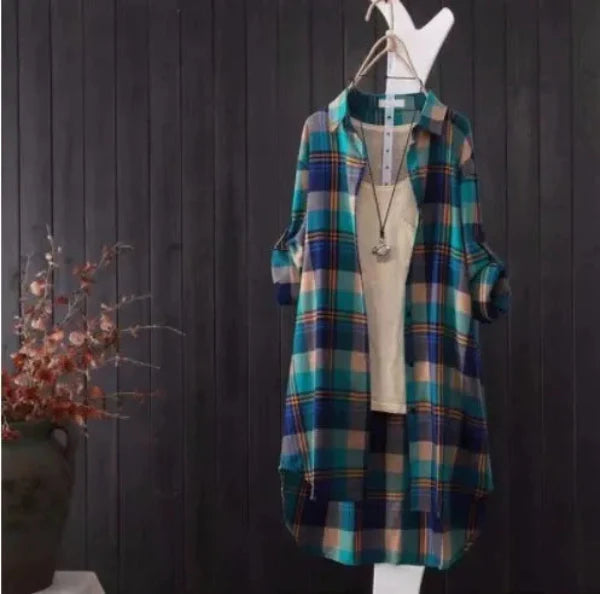 Damskjorta – Oversized Passform – Bomull – Rutig – Lång Tunikalängd – Långa Ärmar