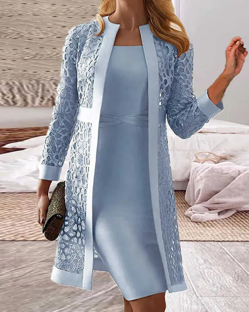 Dames Set – Kant Gebreid Jasje – Mouwloos Slim Fit Jurk – Elegante Snit