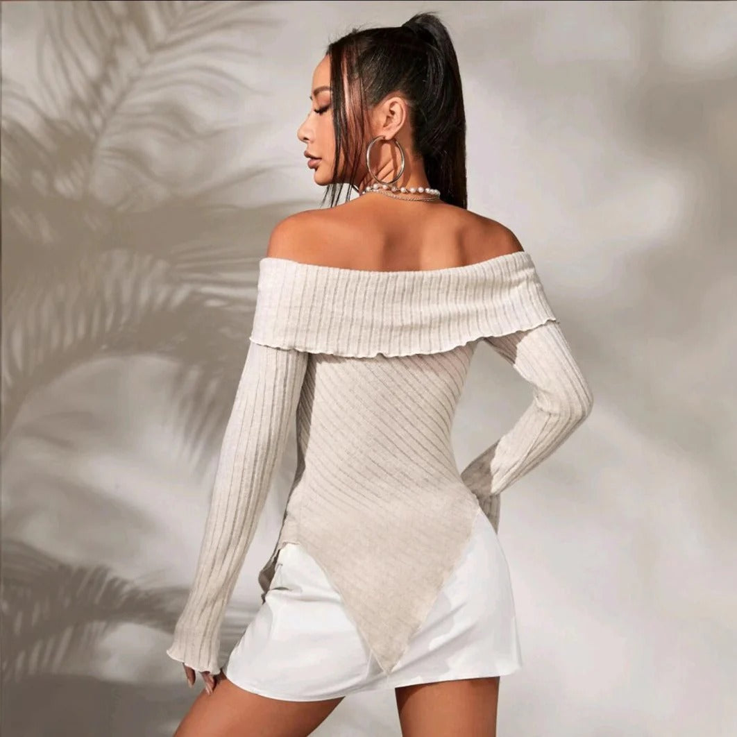 Dames Off-Shoulder Top – Ribgebreid – Slim Fit – Asymmetrische Zoom – Accentdetails