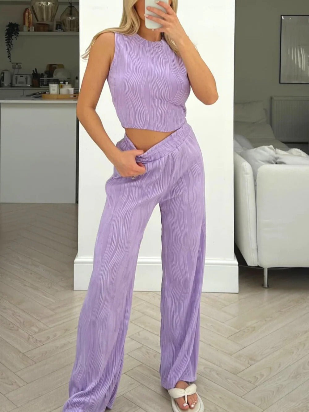 Damer Tvådelat Set – Ribbstickad Crop Top – Högmidjade Byxor – Avslappnad Komfortpassform