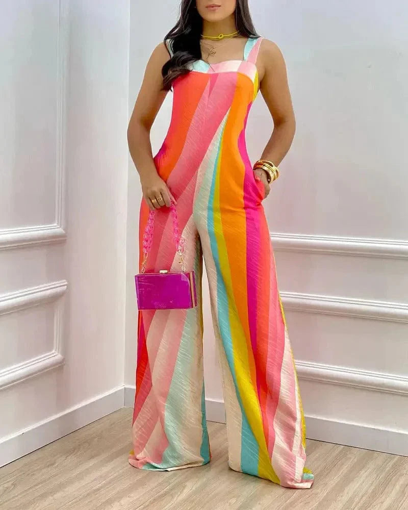 Dam jumpsuit – Geometriskt mönster – Ärmlös – Vida ben – Fyrkantig halsringning