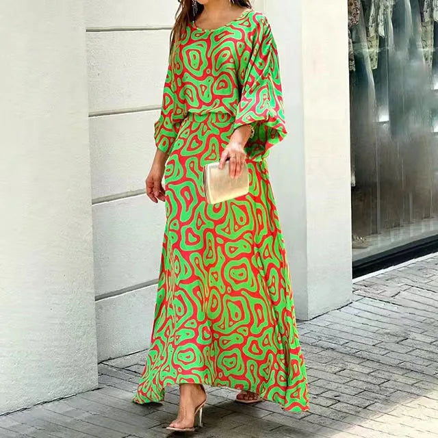 Dames Maxi Jurk – Losvallende Pasvorm – Ademend Materiaal – Wijde Mouwen – Ronde Hals