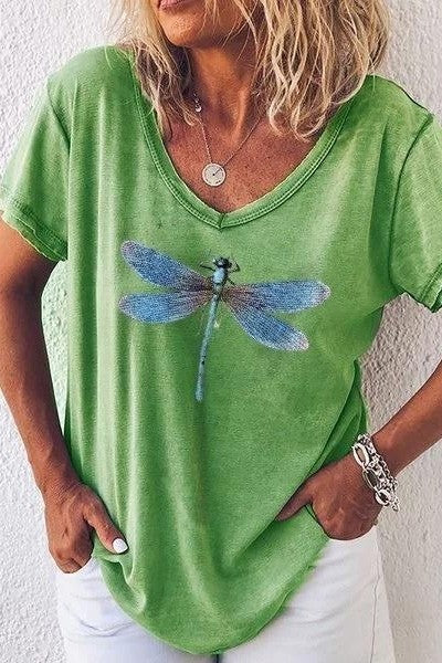 Dames T-shirt met V-hals – Relaxed Fit – Dragonfly Print – Zachte Ademend Stof – Casual