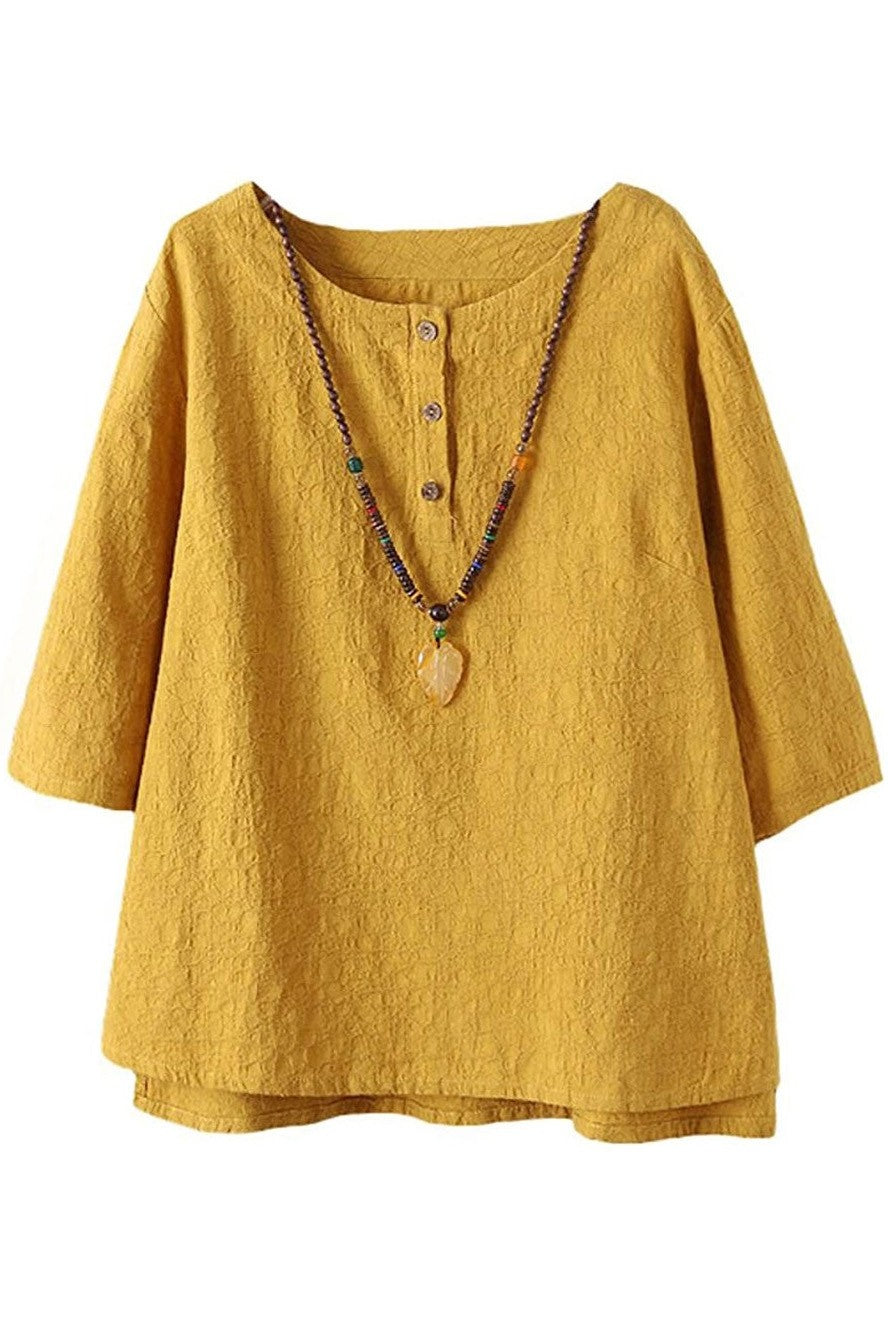 Dam Blus – Ledig Passform – 3/4 Ärm – Rund Hals – Andningsbart Material