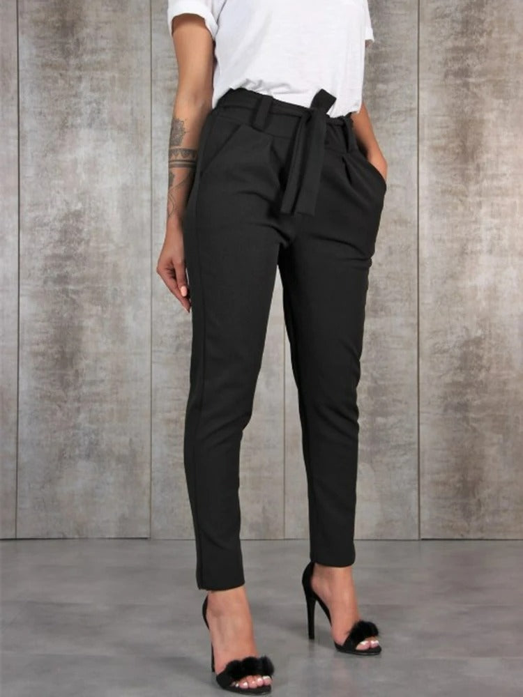 Dames Broek - Geweven Stof - Hoge Taille - Slim Fit - Enkelhoogte - Tailleceintuur