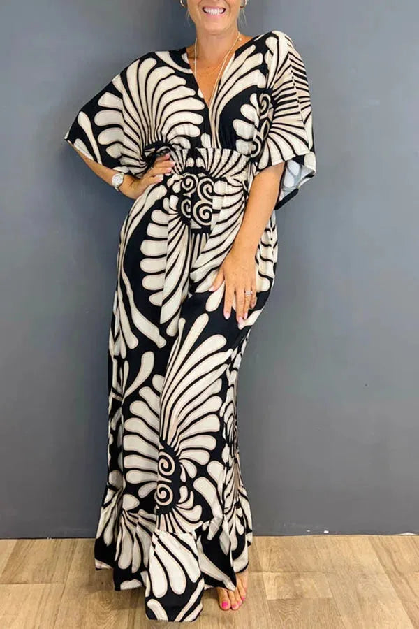 Dames Maxi Jurk - V-hals - Lange Uitlopende Mouwen - Elastische Taille - Luchtig Stoffen